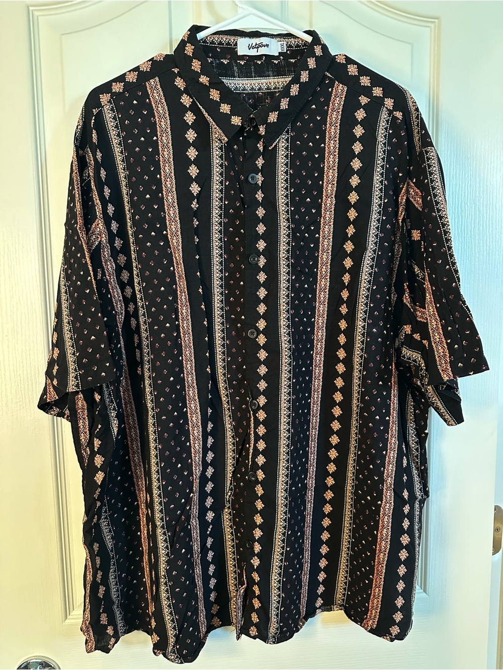 Vatpave Black Patterned Button Shirt Men’s XXXL Short Sleeve Boho Vintage-Style